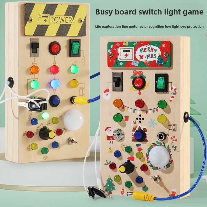 Montessori Wooden Busy Board Toddler - Montessori-Inspiriertes Lebenskompetenzen-Busy-Board Lernspielzeug mit Lichtschaltern Holzwürfel